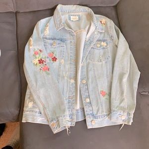 Distressed floral denim jacket
